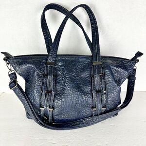 Big Buddha Avis Satchel Bag Navy Blue Textured Vegan Leather Large